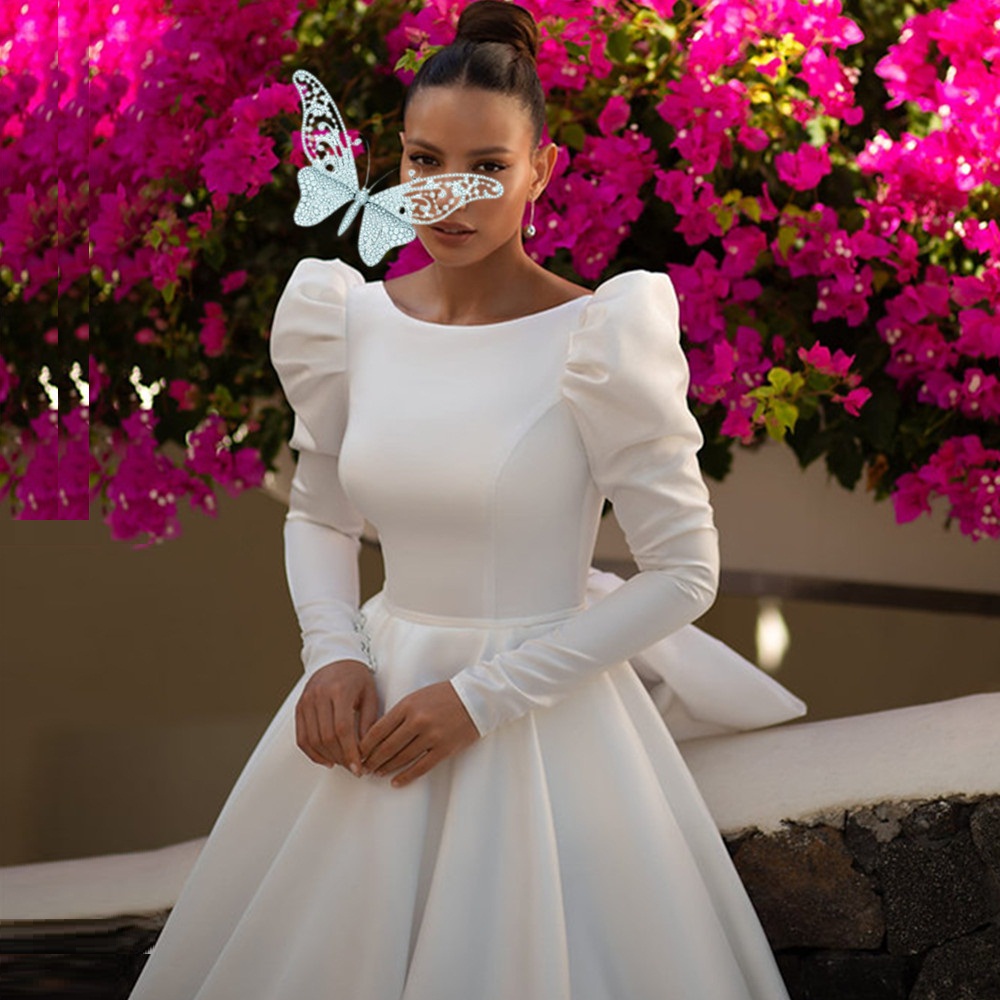 Modern Satin Wedding Dress Vestido De Noiva Boat Neck Long Sleeves Simple Backless Sweep Train Bride Bridal Gown with Big Bow