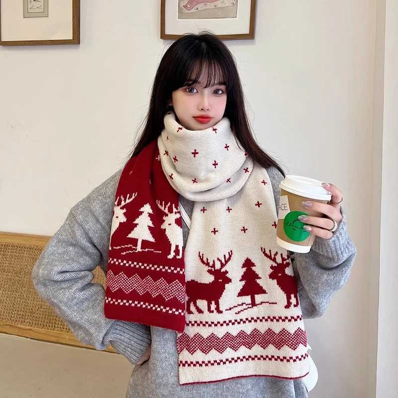 Wen Mens Deer Winter Warm Scarf Double sided Knitted Scarf Fashion Edition Wool Shawl Girl Christmas Gift X2410171