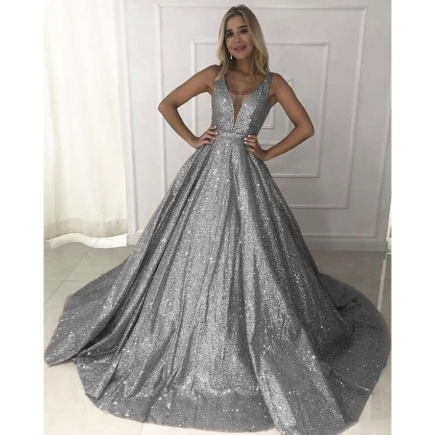 Gold Gorgeous Sequined Rose Prom Dresses 2019 V Neck Sparkg Sequin A-E Backless Evening Party Gowns Robe De Soiree Bm0246