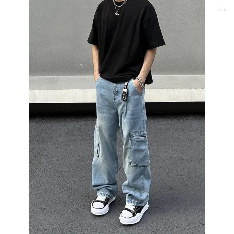 2025 S Fashion Designer Men S Jeans OIMG Y K Fashion Multi Pockets Washed Blue Baggy Cargo Pants For Men Vintage Clothes Straight Denim Trousers