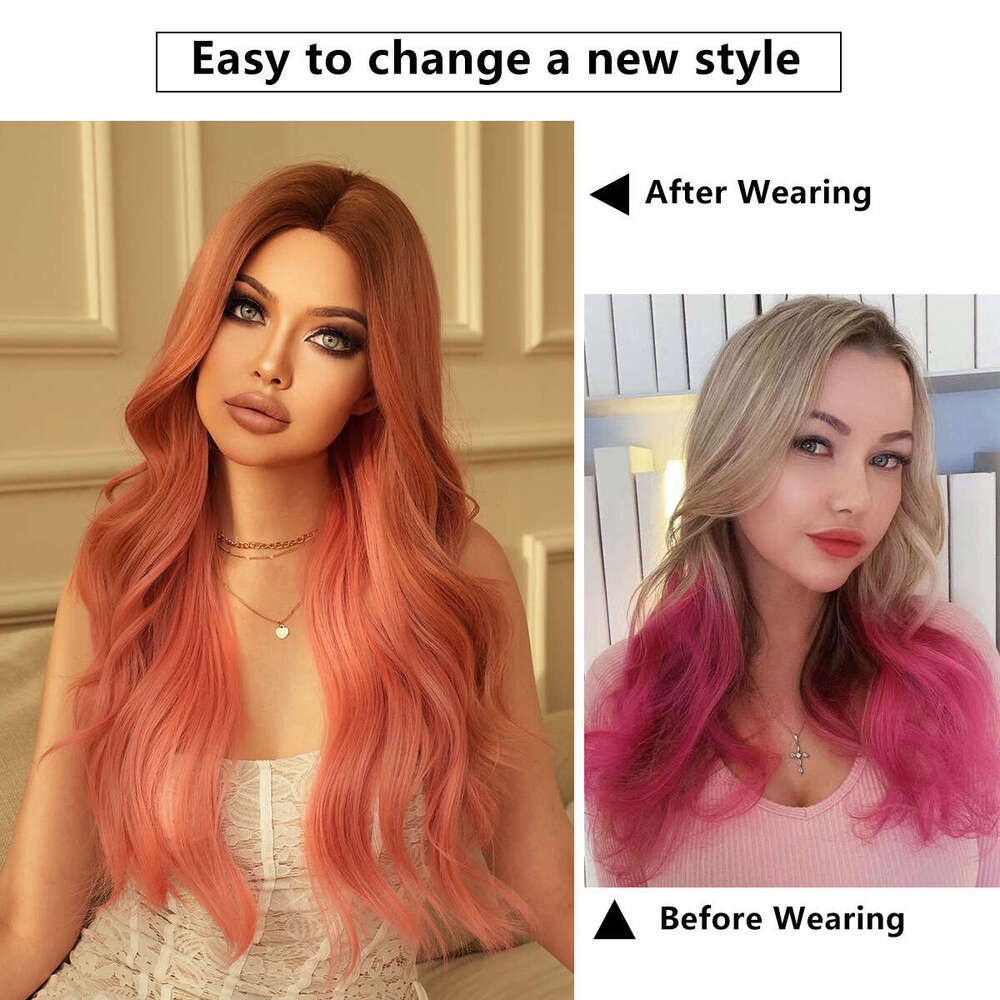 Halloween Wig Pink Gradient Long Curly Hair With Large Waves, Nism Full Head Cover Pink Wig