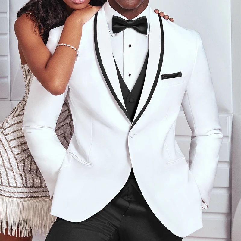 Wedding Tuxedo For Groom Slim Fit Men Suits White and Black Male Fashion Costume 3 Piece Smoking Jacket With Pants Vest 2025