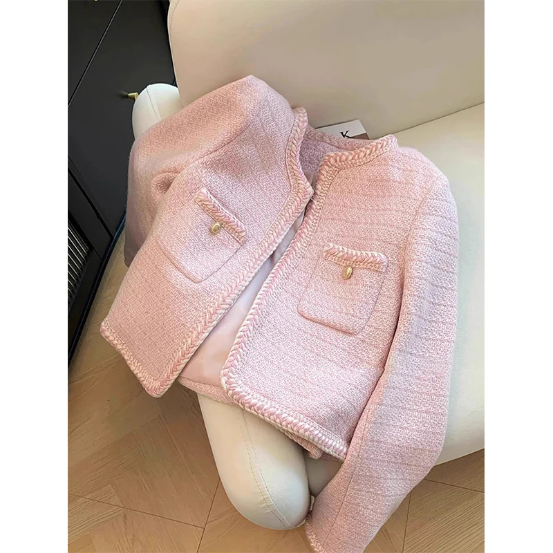 MEXZT Elegant Tweed Jacket Women Sweet Cropped Pink Coat Winter Korean Single Breasted Blazer Ladies Vintage Short Outerwear 241017