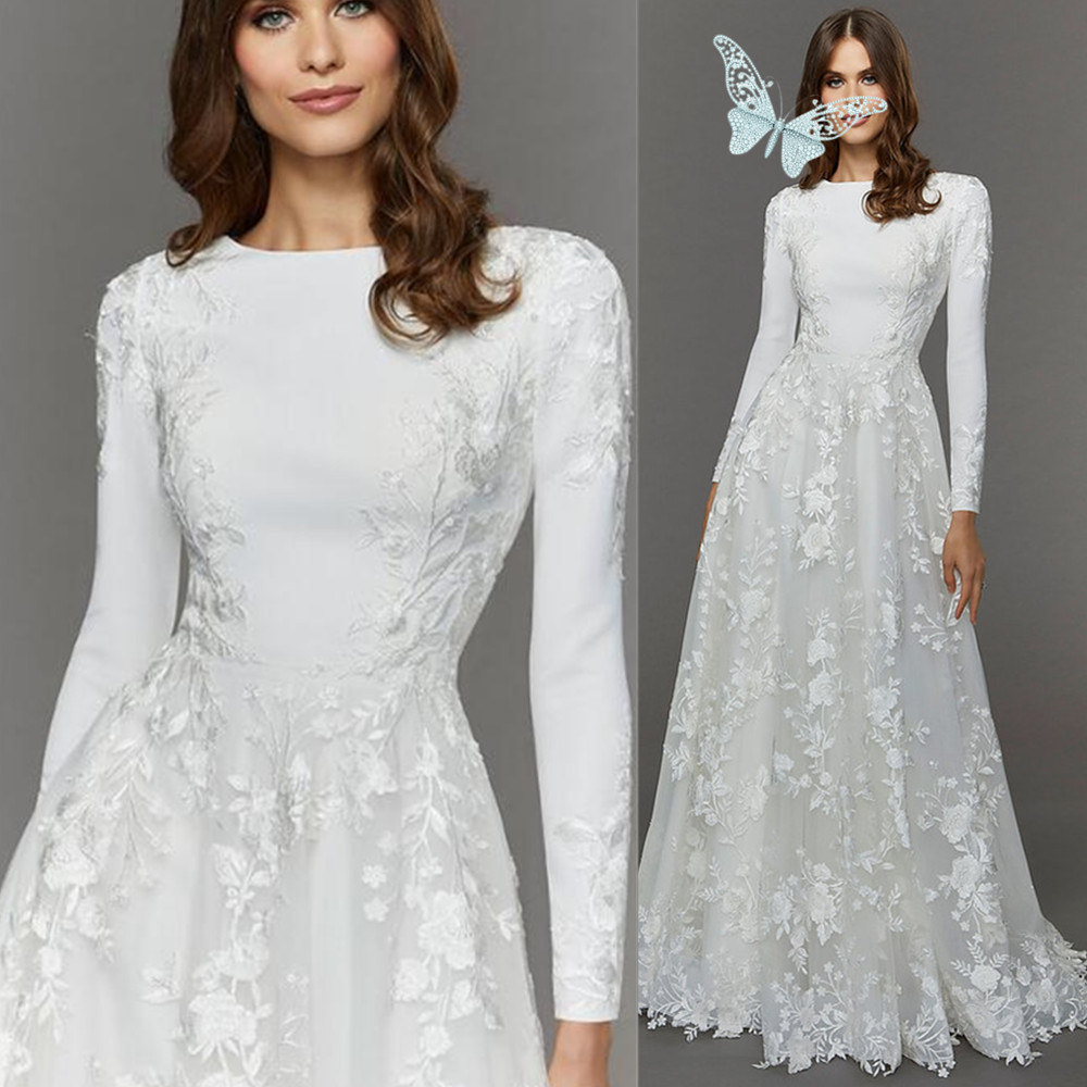 Modern Long Sleeves Satin Wedding Dress Vestido De Noiva O Neck Appliques Beading Sweep Train Bride Bridal Gown Robes de Mariee