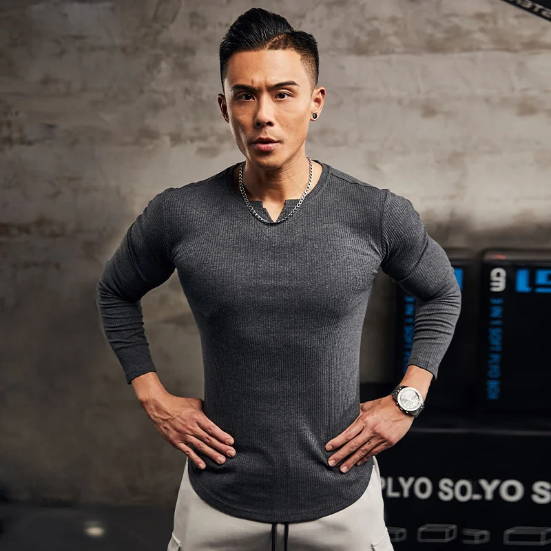 Men Summer Slim Fit Fashion Long Sleeved Top Fitness Motion Hip Hop Streetwear Running And Fitness V Neck Trend Top 241017