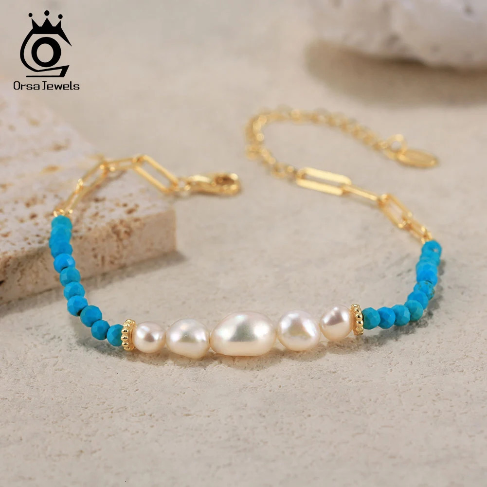ORSA JEWELS 14K gold 925 sterling silver turquoise chain bracelet with exquisite vintage natural pearls suitable for womens jewelry MPB03 241017