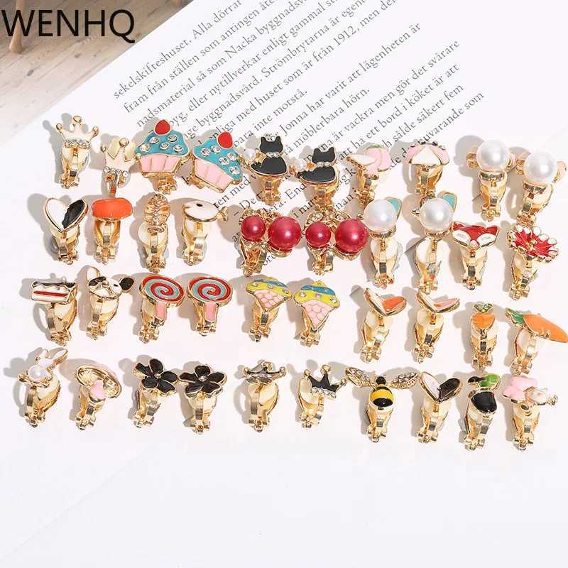 WENHQ Golden Cartoon Clip Girls Childrens Earrings Fashion Flower Fish Heart Crown Shape Non Perforated Cuff Earring Clip W241017