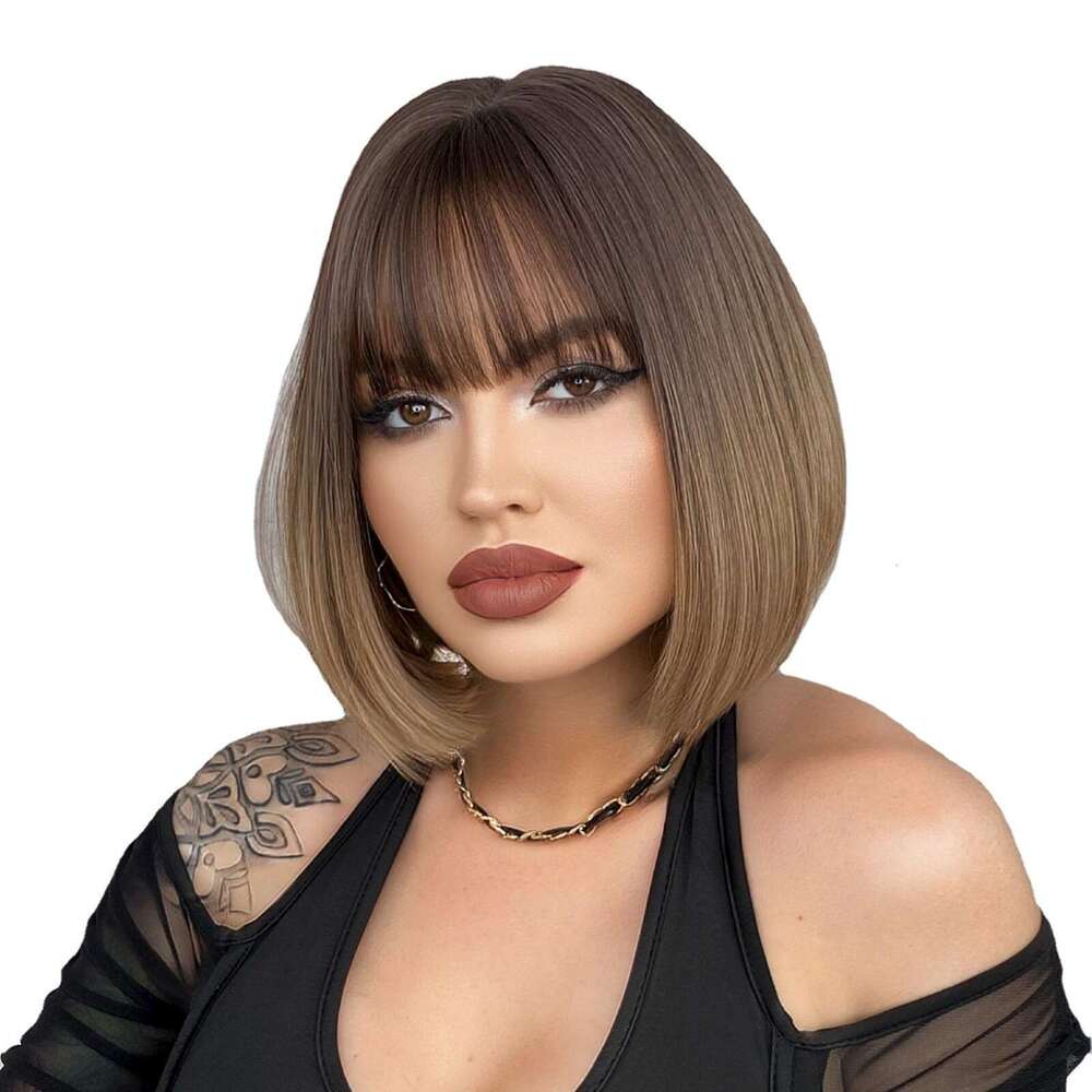 Wig For Women Short Straight Hair, BOB Head, Gradient Inward Button Wig, Headband With Bangs, Bob Head