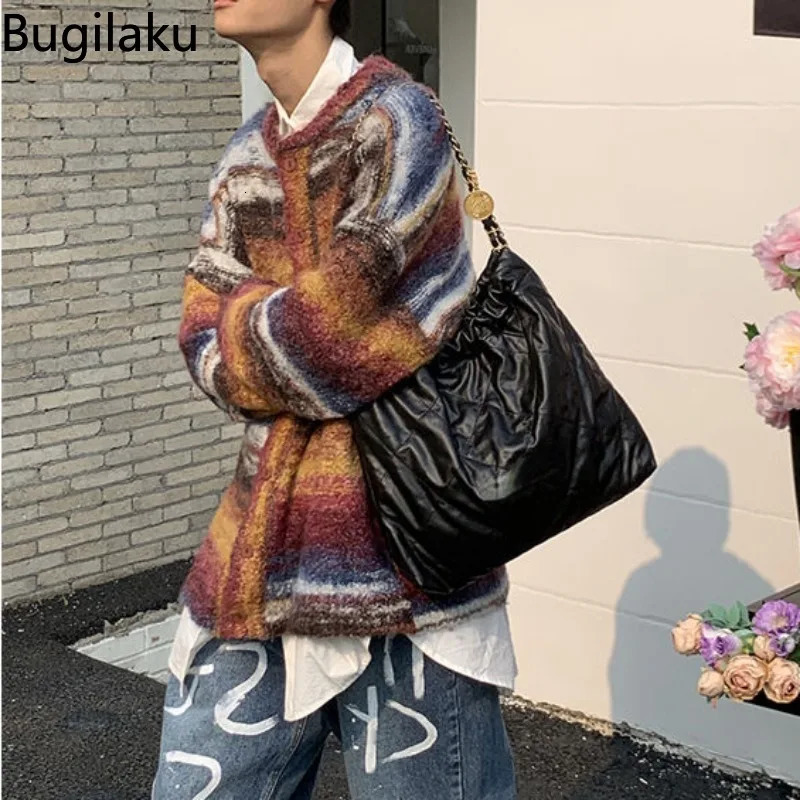 Colorful Cardigan Men Loose O-neck Knitted Single-breasted Sweater Coat Male Arrival Fashion Contrast Color Y2K Couple Top 241017