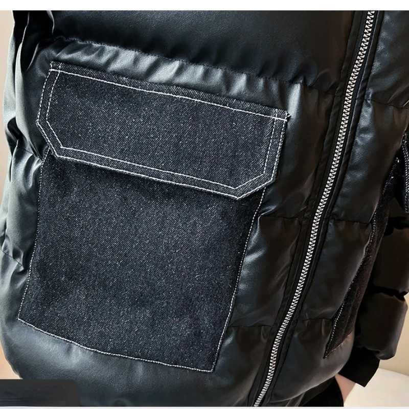 High quality brand autumn jacket mens leather jacket thick windproof Parka large pocket stand up collar warm solid fluffy jacket X241017