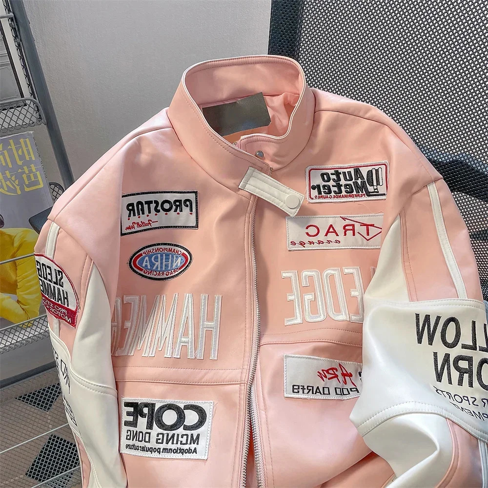 Hip hop womens leather motorcycle jacket American pink jacket Y2K stitched high-quality embroidered windproof jacket 241017