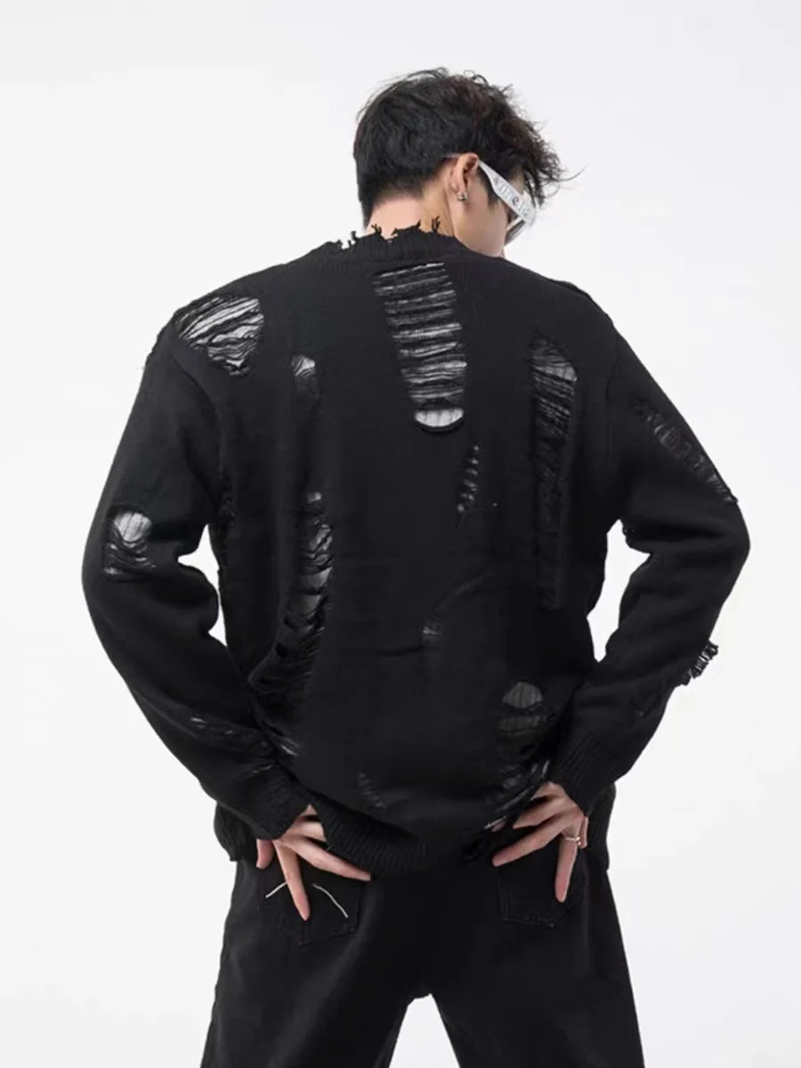 Harajuku Hole Tassel Sweater Cardigan Y2K Street Retro Fashion Trend Casual Loose Long-sleeved Knit Cardigan Street Wear 241017