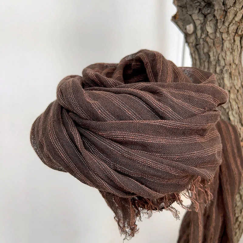 MensWomens SpringSummer Cotton Linen Brown Casual Striped Scarf 241009