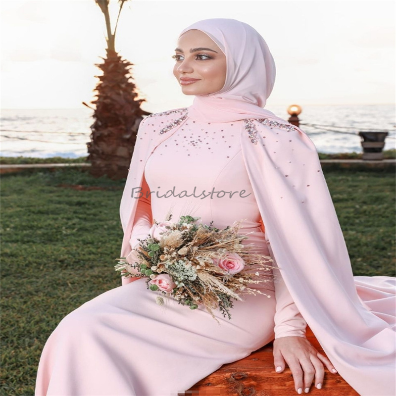 Islamic Muslim Pink Wedding Dresses With Cape 2025 Elegant Beaded Pagan Country Bridal Dress Long Sleeve Dubai Arabic Bride Gown Robe De Mariee Custom