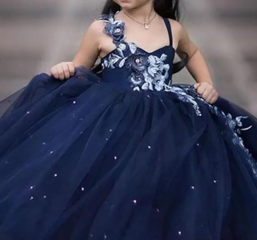 Navy Blue Lace Flower Girl Dresses Beaded Spaghetti Ball Gown Tulle Lilttle Kids Birthday Pageant Weddding Gowns