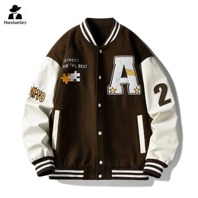 Autumn baseball jacket mens/womens street college letter splicing work leather windproof jacket mens fashionable single chest jacket M241017