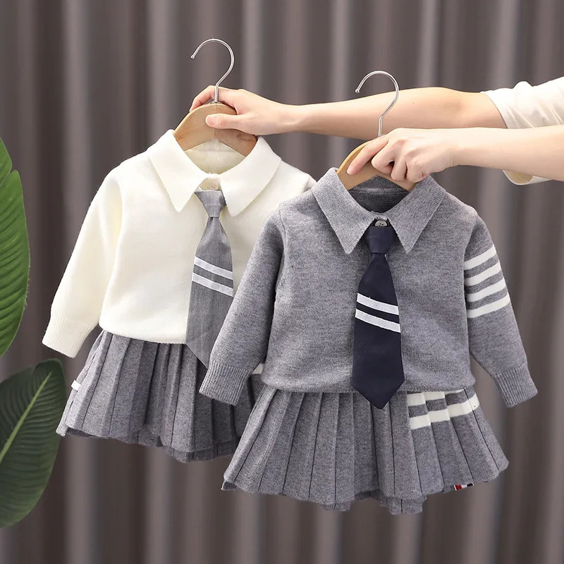 Infant Baby Girl Autumn Winter 2PCS Clothes Set Turn Down Collar Solid Knitted Sweater Tie Cotton Pleated Skirts Kid Girl Outfit 241016