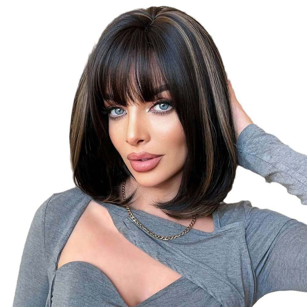 Women's Shoulder Length Bob Short Straight Hair Black Gold Spot Dyed Inner Button Layered Wig Full Head Set