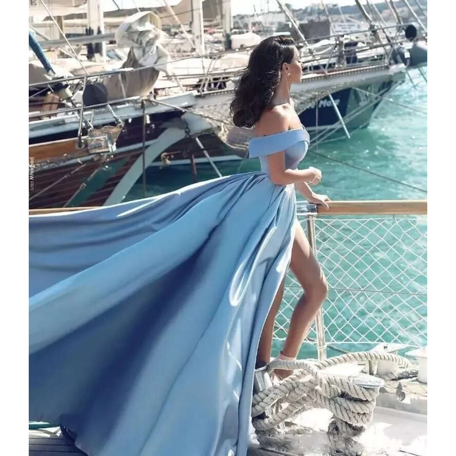 E A New Sexy Off The Shoulder Evening Dresses Side Split Prom Dress Satin Long Vestido Special Ocn Gowns Arabic 2018 vening rabic