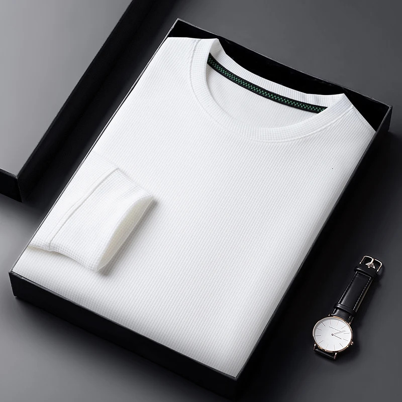 Mens Casual Waffle Round Neck T-shirt Breathable Comfortable and Fashionable Long Sleeved T-shirt 241017