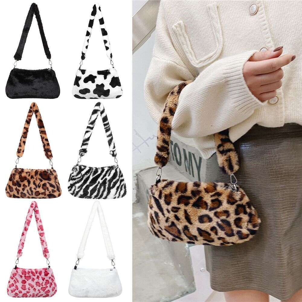 Casual Women's Handbags Underarm Leopard Plush Shoulder Animal Print Bag Messenger Crossbody Bags