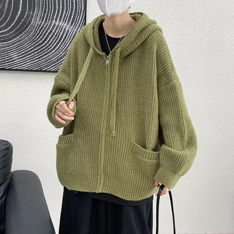 Solid Color Hoodies Cardigan Jackets For Men Autumn Y2K Vintage Streetwear Knitted Sweater Korean Fashion Knitwears Coat 241017