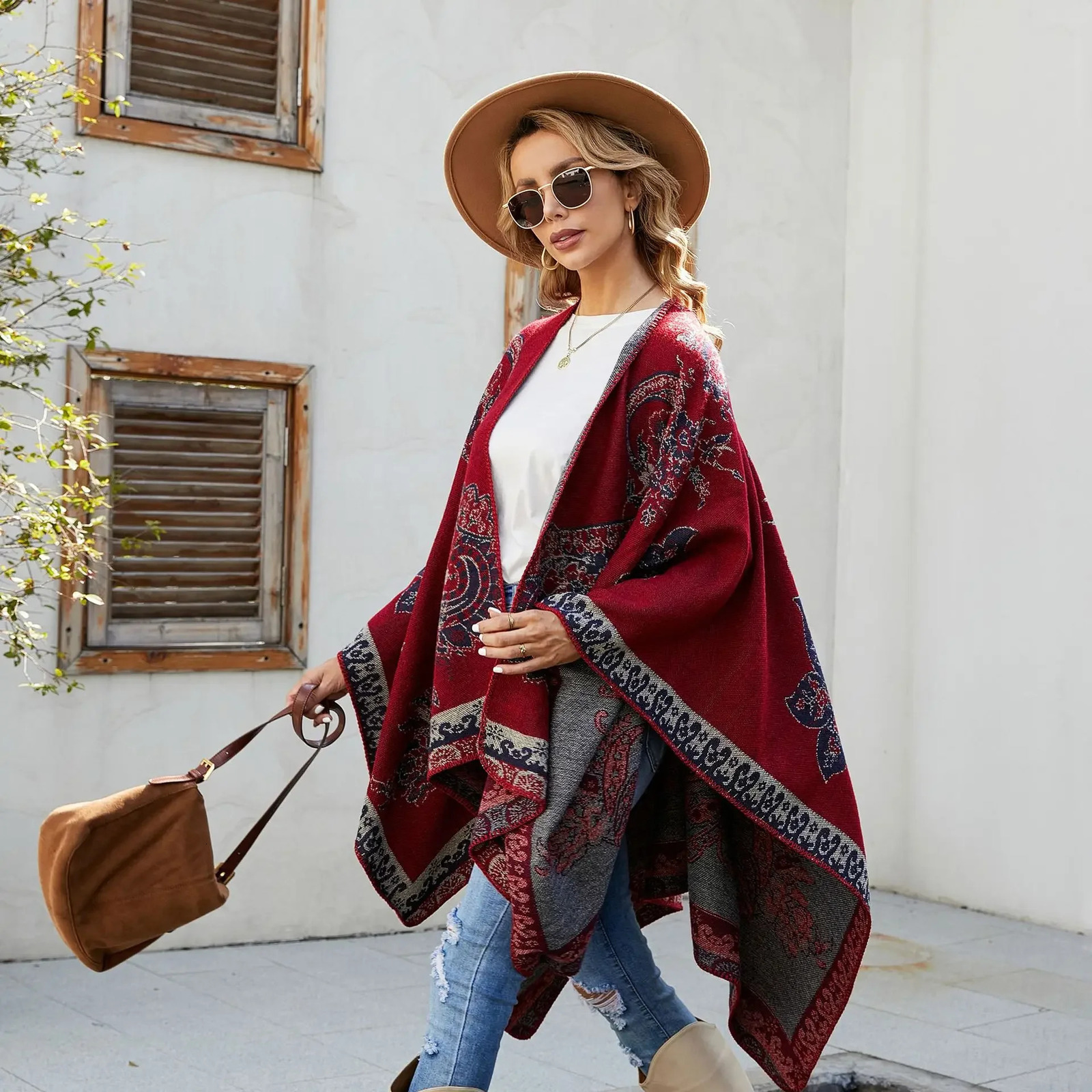 Fashion Scarf Womens Winter Autumn Warm Big Horn Striped Shawl Flower Travel Cloak Cashmere Raincoat Women 241009
