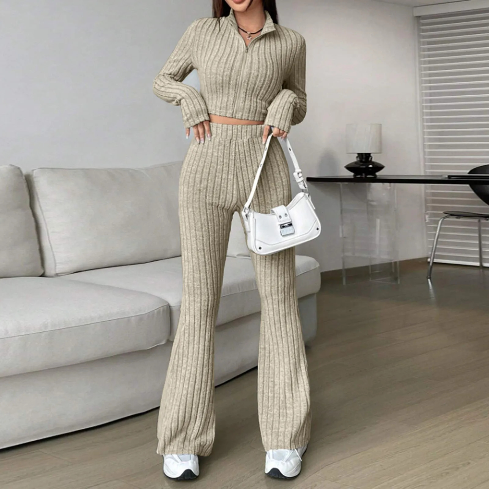 2024 Autumn Womem Knitted Warm 2 Piece Outfits Korean Turtleneck Sweater Top Slim Flared Pants Sets Lady Clothing 241017