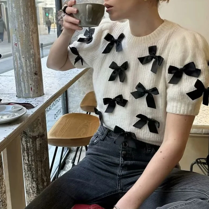 Women's Knitted Pullover Jumper Short Sleeveless Bow 2024 Knitwear Sexy Elegant Fashion Inszartrafaf Sweaters Woman Tops