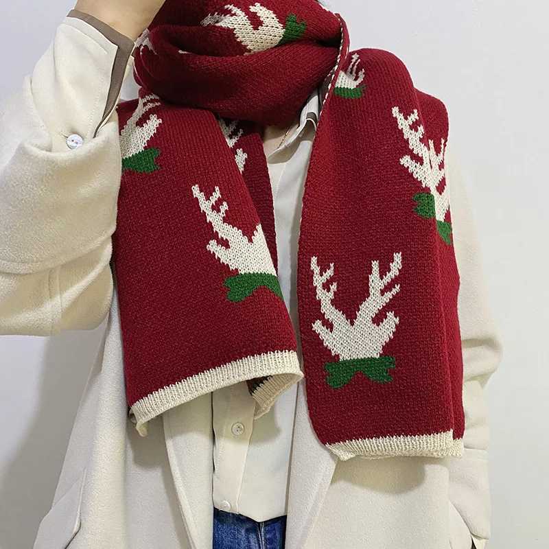 Christmas Scarf Elk Pattern Winter Knitted Warm Scarf Fem Christmas Couple Gift Student Cute Scarf X241017
