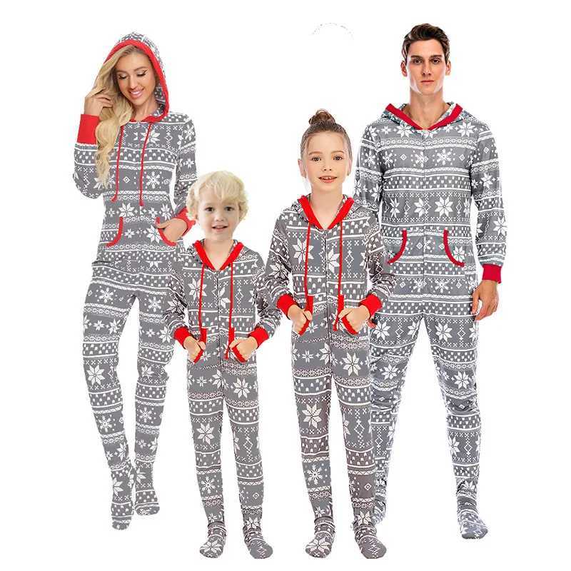 Christmas Appearance Family Matching Set Full Set Printed One Piece jumpsuit Pocket Zipper Hoodie jumpsuit Christmas costume set Sleepwear W241015