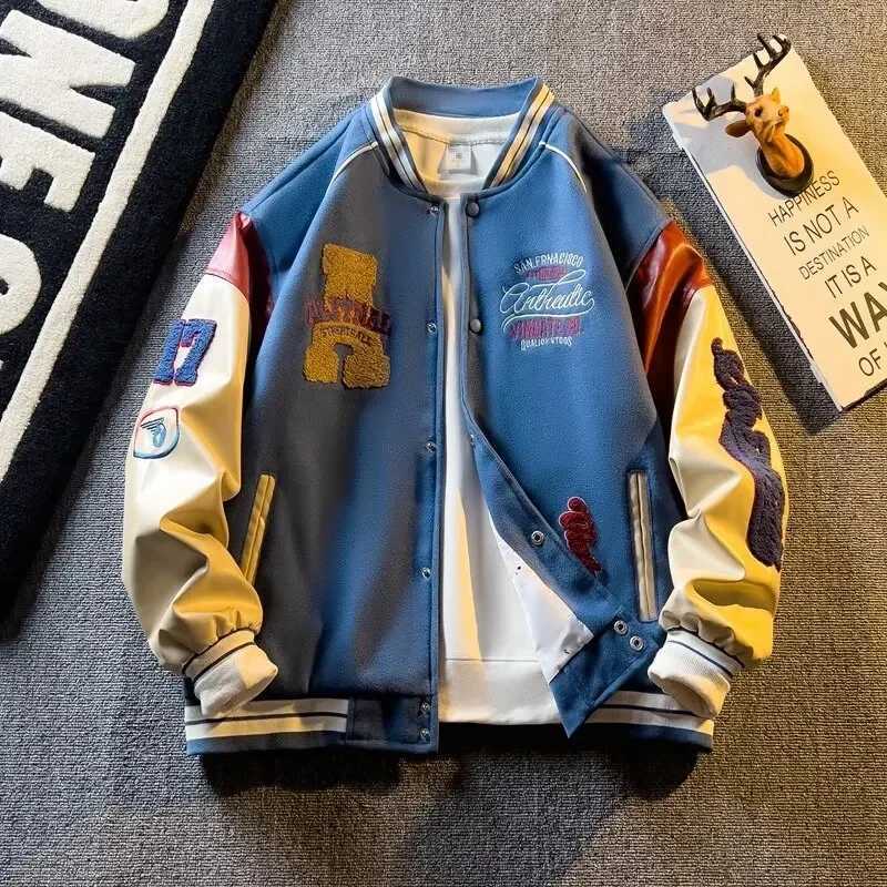 Designer Jacket Spring and Autumn Jacket Color Blocks American Embroidered Leather Sleve Jacket Mens Fashion Baseball Jacket Casual Toothed Crop Top T241017