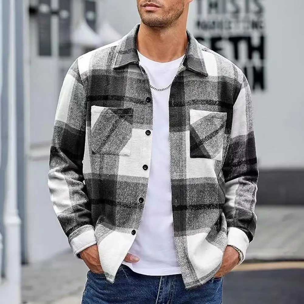 Men Vintage Shirt Jacket Mens Plaid Print Shirt Coat Casual Button Down Jacket with Long Sleeve Fleece Shacket for Autumn LX241017