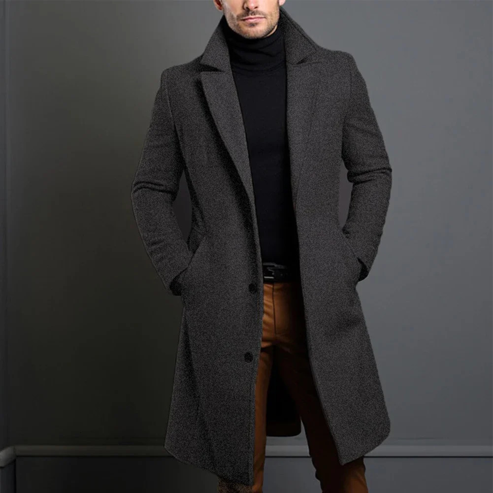 Fashion Mens Long Style Warm Wool Trench Coat Solid Color Single Breasted Blends Overcoat Tops Coats Clothing 241017