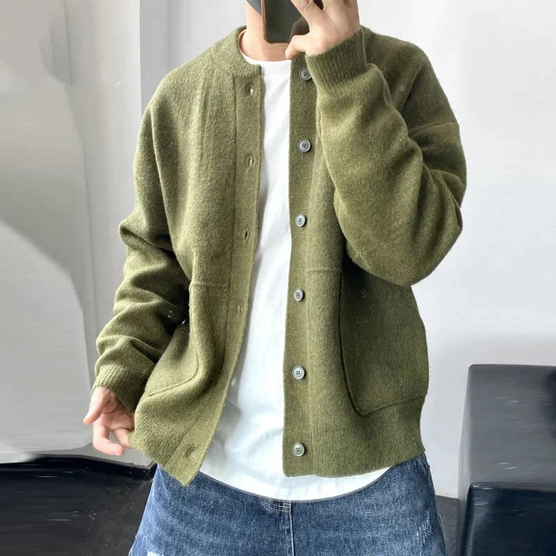 Y2K Spring Autumn Casual Sweater Jacket 2024 Round Collar Mens Clothing Fashion Solid Colour Top Loose Knitwear Coat Hombre 241017