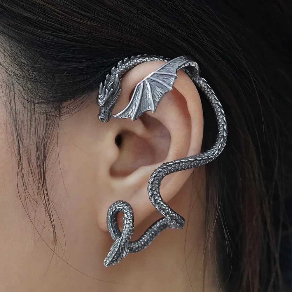 New Fashion Gothic Punk Retro Metal Wing Flying Dragon Earrings Cuff Earrings Suitable for Womens Party Jewelry W241017