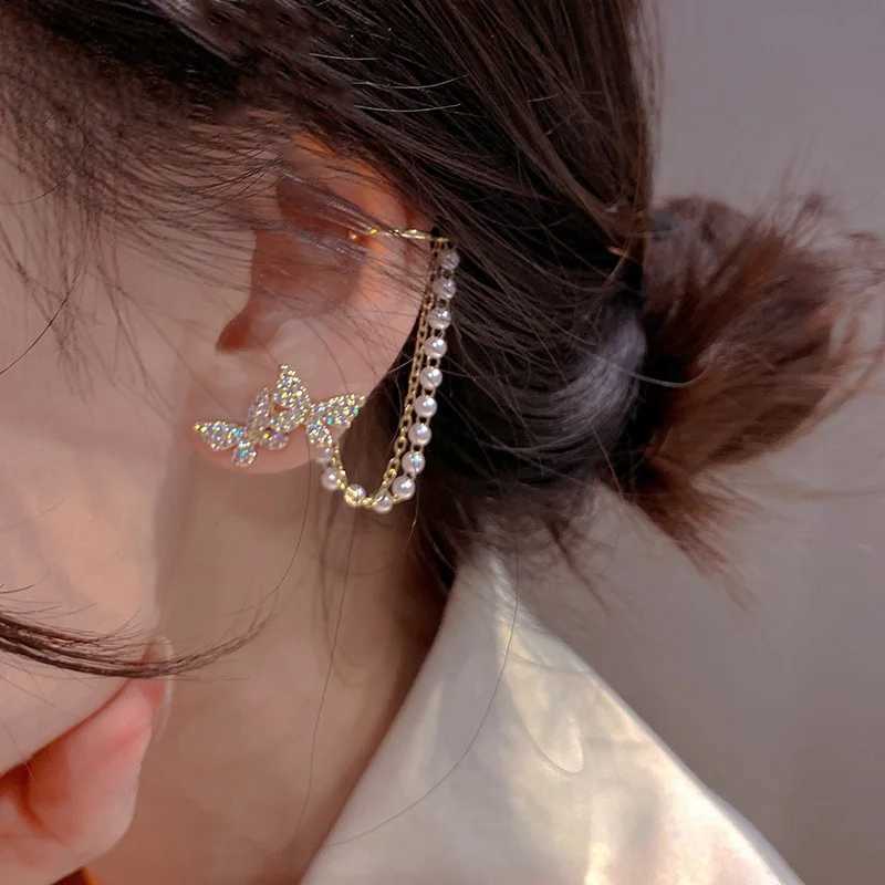 Silver crystal tassel ear clip female ear clip shiny rhinestone chain perforated cardboard box jewelry non perforated cuffs W241017