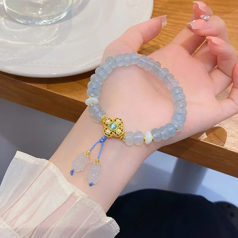 Elegant natural stone light blue Chalcedony beads womens bracelet gold fish tail flower pendant bracelet accessory 1252 241017