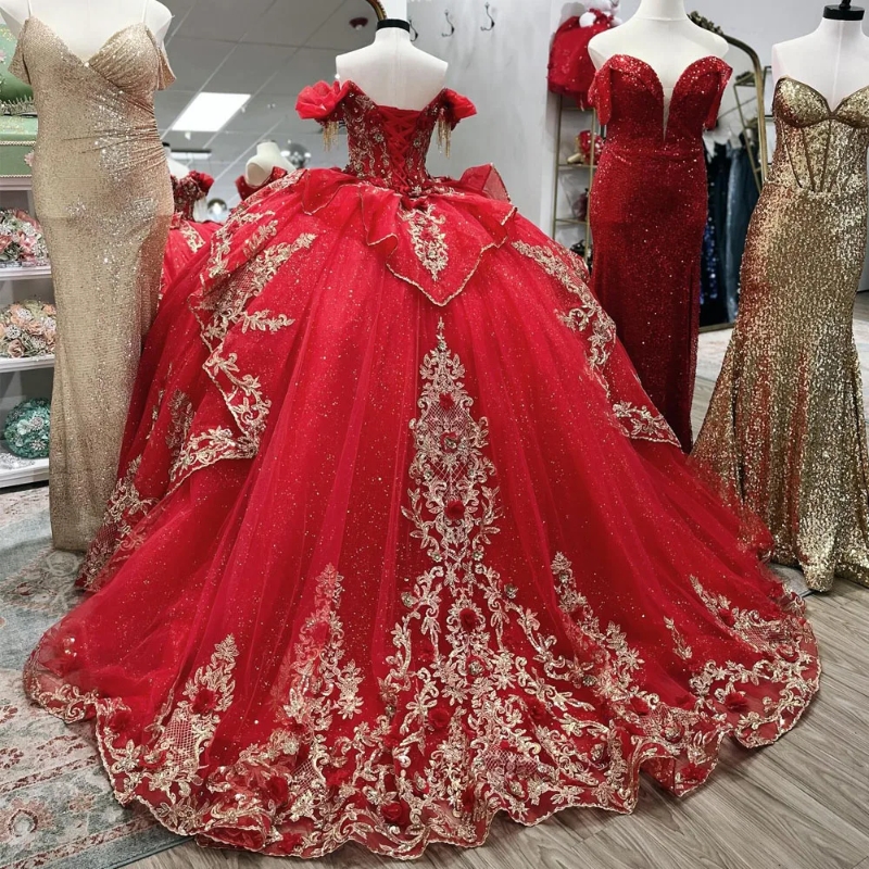 Red Glitter Quinceanera Dresses Ball Gown Off Shoulder Gold Applique Lace Beaded Crystal Tull Corset Sweet 16 Dress Vestido De 15 Anos 0220