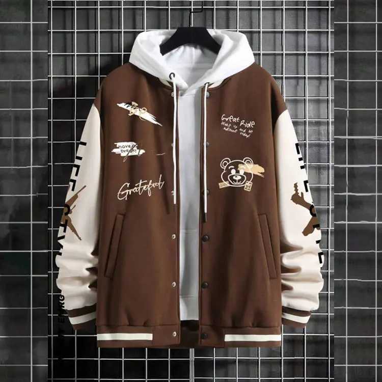 Mens baseball jacket High Street Fashion mens loose casual jacket wool insulated spring and autumn hooded sweatshirt M241017