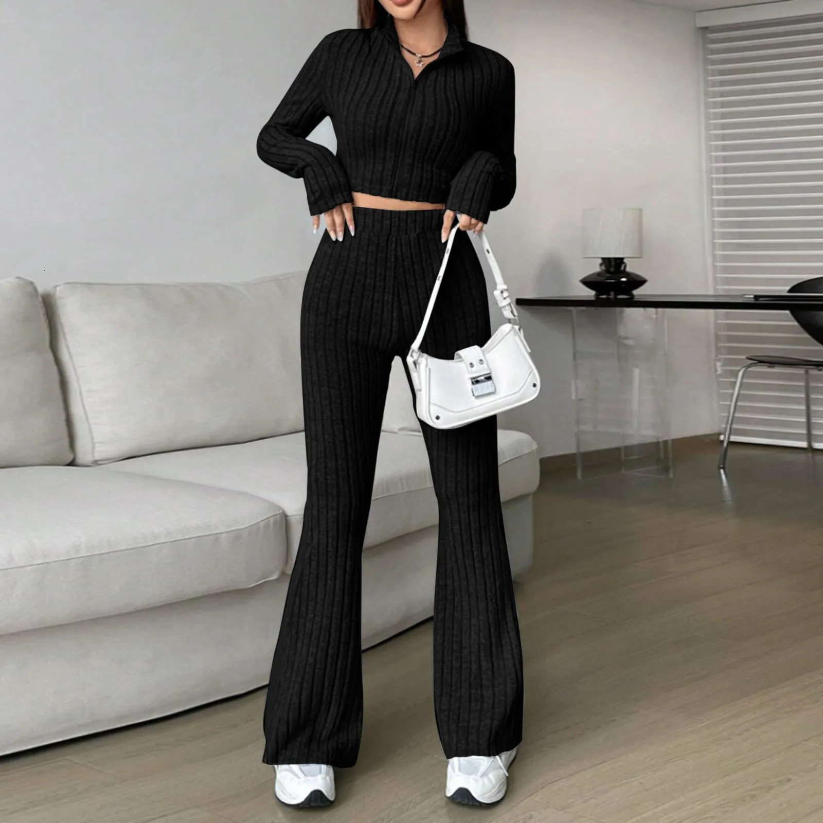 2024 Autumn Womem Knitted Warm 2 Piece Outfits Korean Turtleneck Sweater Top Slim Flared Pants Sets Lady Clothing 241017