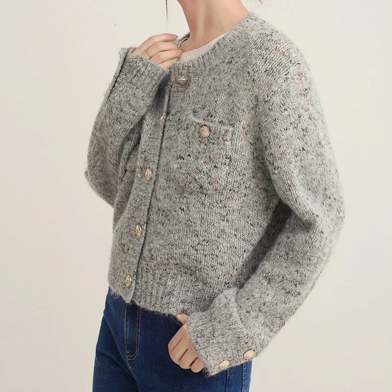 Fall Gray Knit Cardigan Sweater Coat Women O-Neck Long Sleeve Elegant Solid Office Sweater Buttons Pocket Casual Sweater Winter 241017