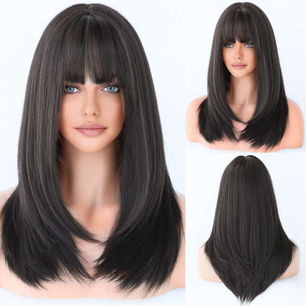 New For Women With 57Cm Natural Full Head Cover, Long Straight Hair, Inner Button, Air Bangs Wig