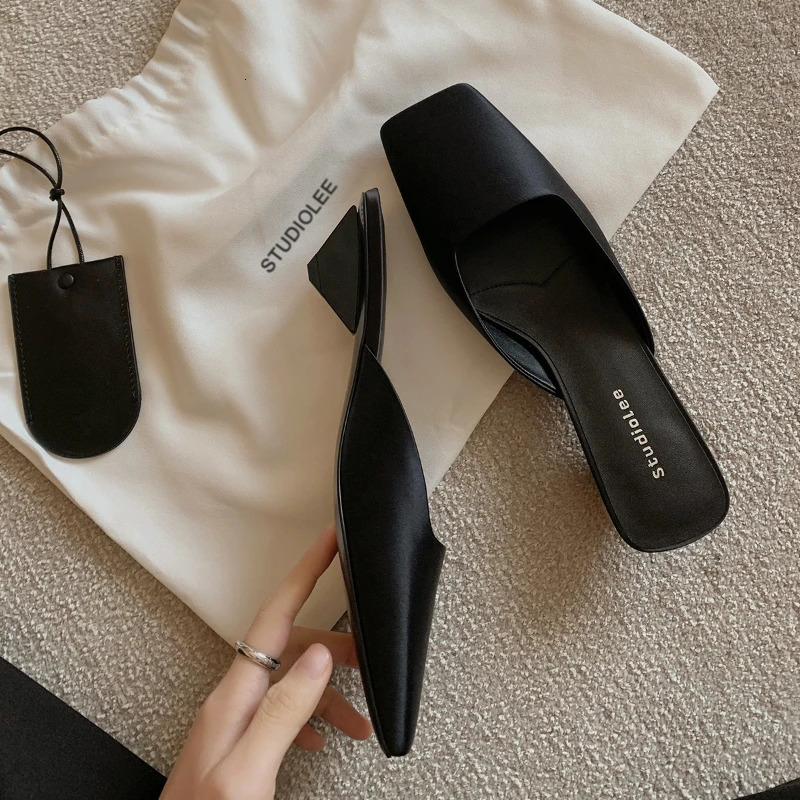 French Ladies Slides Square Toe Temperament High Heels Solid Color Satin Finish Mules Slippers Elegant Triangular Heel Sandals 241010