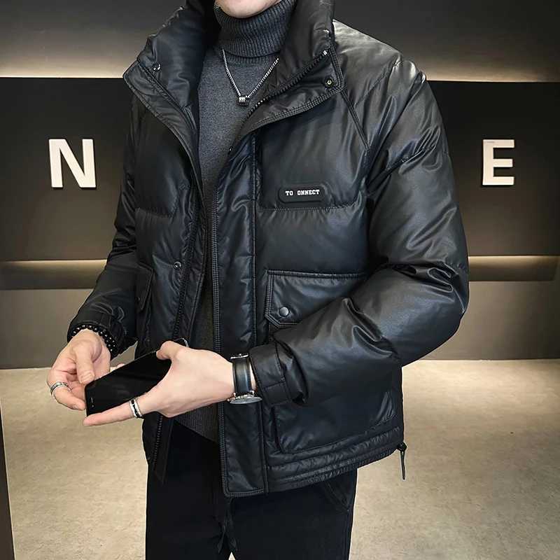 Mens winter down jacket shiny waterproof thick warm white duck down jacket casual stand up collar windproof short jacket X241017