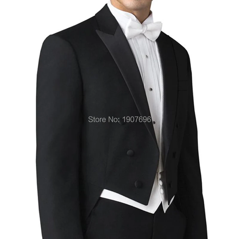 Wedding Man Tail Coat for Groom Tailor Made Suits Double Breasted 3 Piece Set Black Jacket with Pants White Vest for Prom Stage