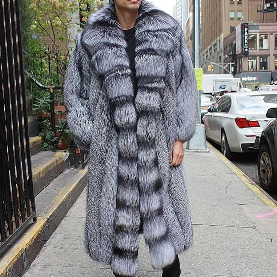 Mens natural fox fur coat real silver fox fur coat big collar best-selling mens long fur coat W241017