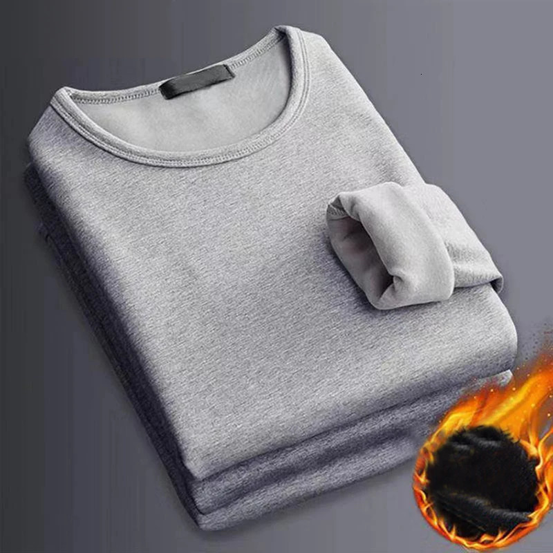 Epligg Mens Long-sleeved Winter Thermal Underwear Plus Velvet Padded T-shirt Slim Solid Color O-Neck Bottoming Shirt 241017