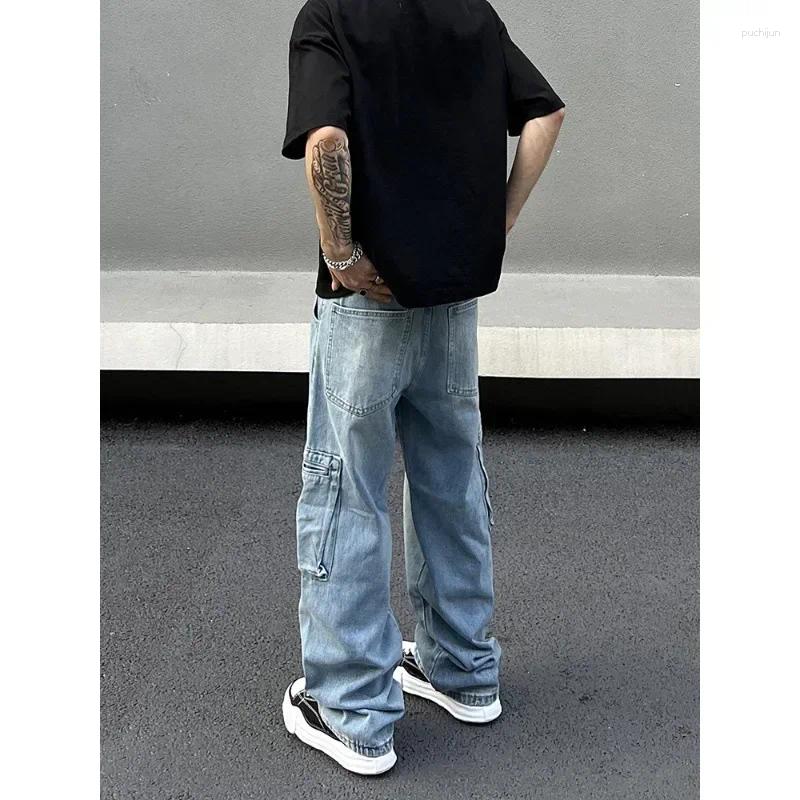 2025 S Fashion Designer Men S Jeans OIMG Y K Fashion Multi Pockets Washed Blue Baggy Cargo Pants For Men Vintage Clothes Straight Denim Trousers