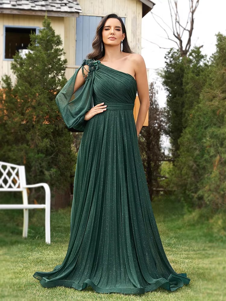 Elegant one-shoulder Long Sleeves Sparkle Floor Length Evening Dress 2024 Green Flower Bridesmaid Party Cocktail Prom